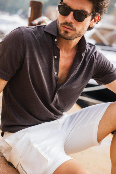 LINEN POLO SS BROWN