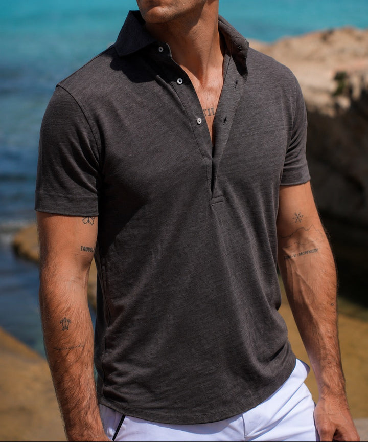 LINEN POLO SS BROWN