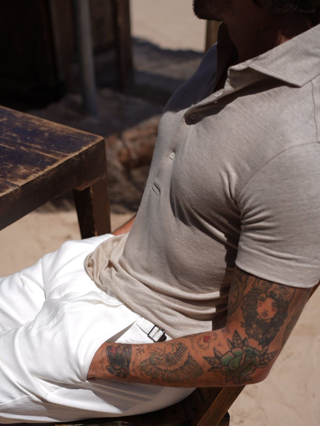 LINEN POLO SS SAND