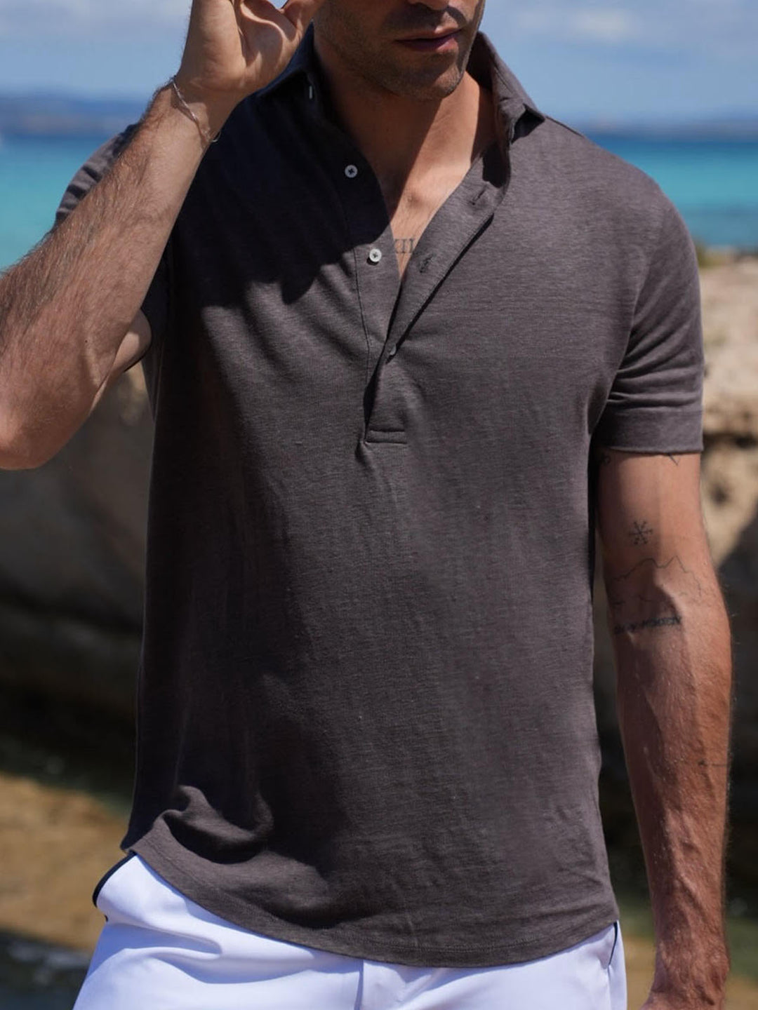 LINEN POLO SS BROWN